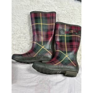 L.L. Bean Wellies MidCalf Waterproof Rain Boots Womens Size 9 Green Plaid Rubber